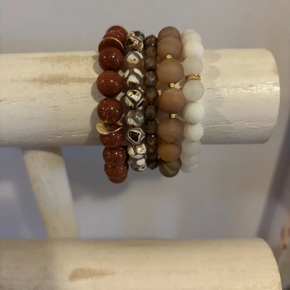 Handmade Etched Agate Goldstone Czech Glass Bracelet Stack Set of 5 NWT